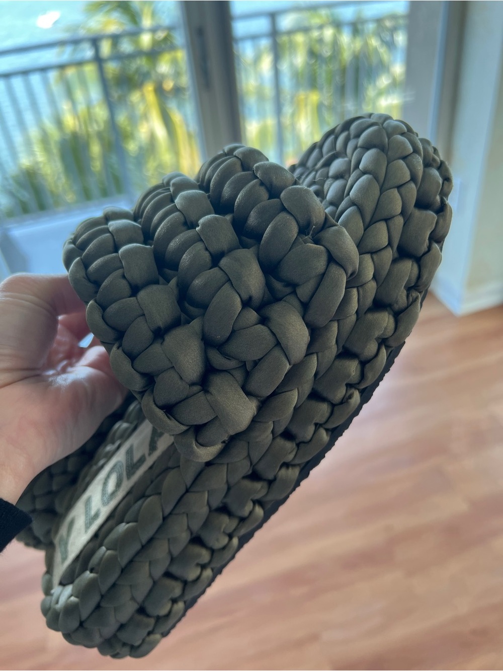 LOLA Olive Green Woven Slide Sandals — Braided Comfort